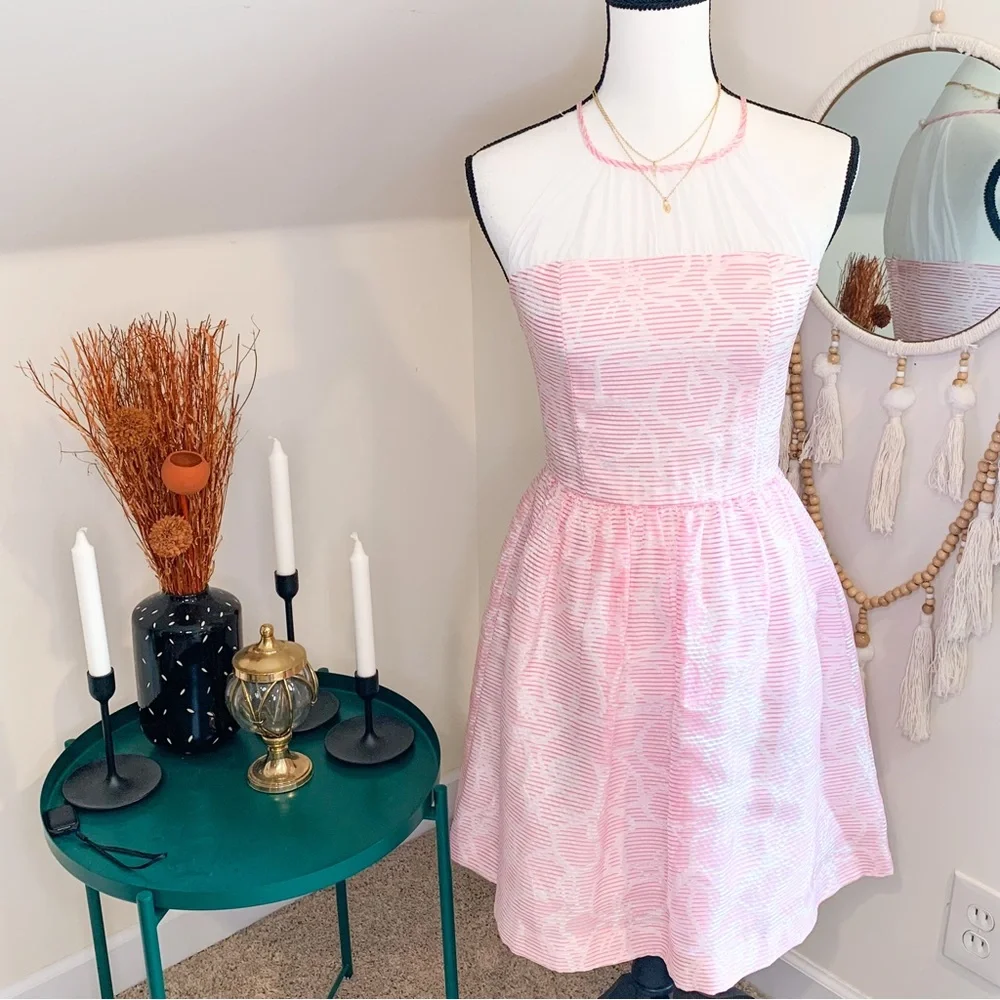 Lilly Pulitzer Kailey Halter Pink White Floral Striped Chiffon Dress - Picture 2 of 9